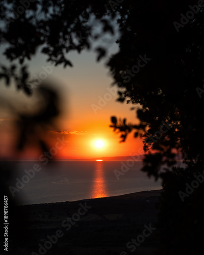 Beautiful sunset at the Aegean sea, Samothrace or Samothraki island Greece, tree silhouette, enjoying summer vacation, wellness and tourism