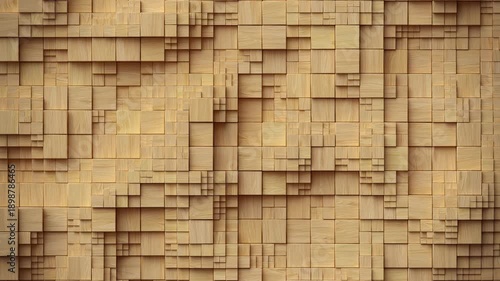 Geometric background made of wooden cubes. Seamless loop 3D render animation