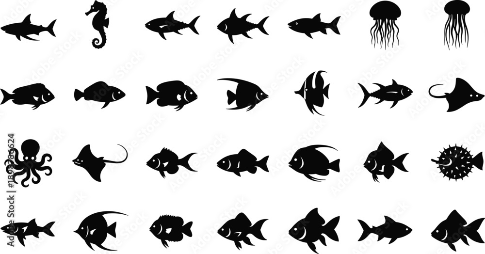 Fototapeta premium Diverse collection of ocean fish silhouettes for design