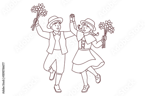 St Saint David's Day Black and white contour of a boy and girl in national Welsh clothing dancing together. A creative coloring sheet for classroom activities and holiday learning about regional