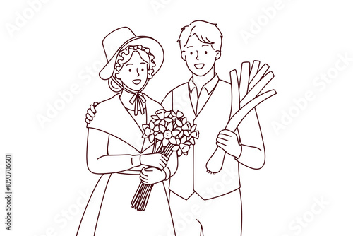 St Saint David's Day Black and white outline of a couple wearing traditional Welsh dress and holding national symbols. Perfect educational coloring activity for children learning about folk holidays 