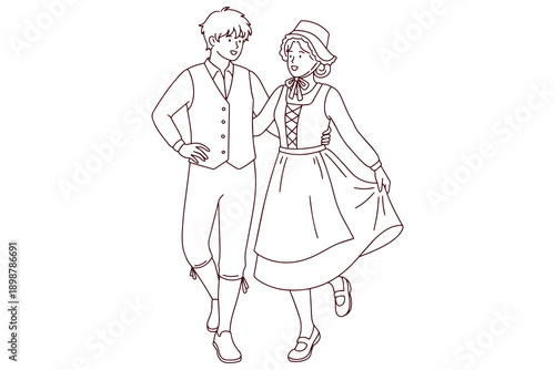  A black and white line drawing of a man and woman in historical Welsh attire. Ideal for educational materials, holiday crafts, and cultural coloring books for students and art
