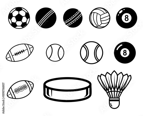 Collection of black and white iconographic representations featuring various popular sports balls and equipment outlines.