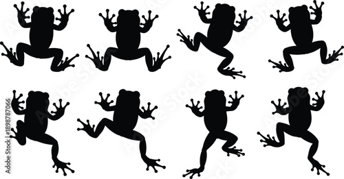 Black Frog Silhouette Collection Featuring Jumping Amphibians in Dynamic Poses, Minimalist Vector Wildlife Illustrations, Tropical Nature Animal Shapes, and Decorative Design Elements