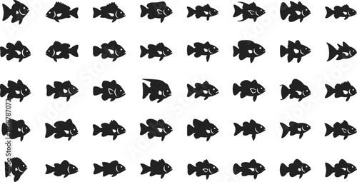 Multiple black fish silhouettes swimming in different directions on white background
