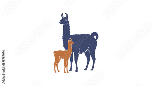 A commercial vector silhouette of a llama and cria, with raised heads in the Peruvian Andes