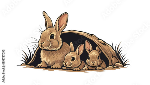 A commercial vector silhouette of a rabbit and kits, peeking from a European garden burrow