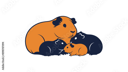 A commercial vector silhouette of a guinea pig and pups, huddled together in a cozy setting