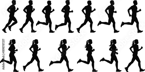 Running Athlete Silhouette Collection Featuring Male and Female Joggers in Motion, Minimalist Vector Fitness Illustrations, Dynamic Sports Poses for Training, Health, and Active Lifestyle Design