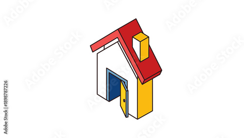 A Geometric Isometric Icon Featuring an Open Door for Welcoming Visitors