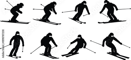 Skiing Athlete Silhouette Collection Featuring Downhill Skiers in Dynamic Motion, Minimalist Vector Winter Sports Illustrations, Alpine Action Poses, and Outdoor Adventure Design Elemen