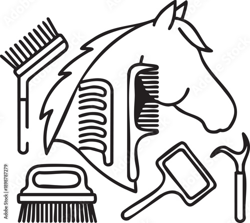 Grooming a horse with various grooming tools from a detailed side view