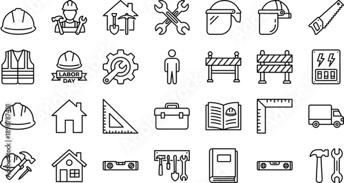 Construction icons, labor tools, safety equipment, building symbols, worker gear, site graphics, engineering visuals, manual tools, industrial design, construction elements