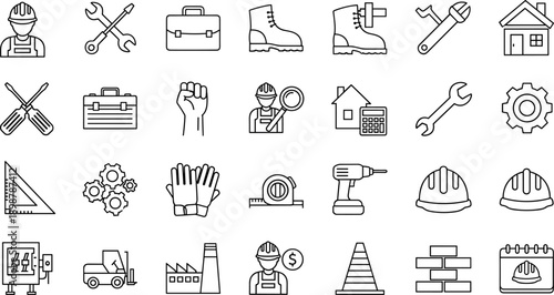 Construction worker icon set, industrial tools, safety equipment, factory symbols, engineering gear, building site, machinery, architecture, labor, black line style