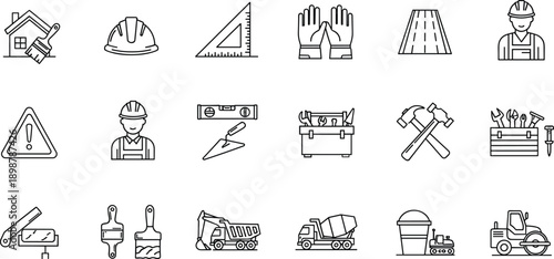 Construction line icons set, building tools, safety equipment, workers, vehicles, road work, engineering, industrial outline symbols collection