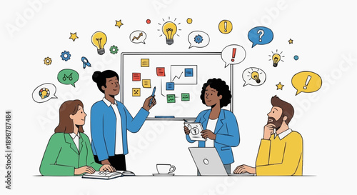 A diverse group of people brainstorming ideas in a meeting room with a whiteboard