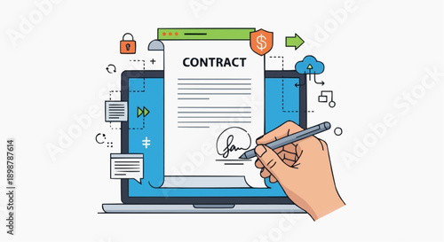 A hand signing a contract on a laptop with security symbols around it