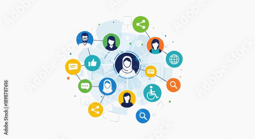A vector graphic illustration of a person surrounded by social media icons