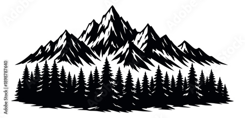 Graphic illustration of mountains and forest depicting natural wilderness scenery for outdoor and adventure designs