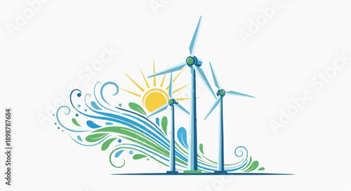 A vector graphic illustration of wind turbines with a sun and water elements