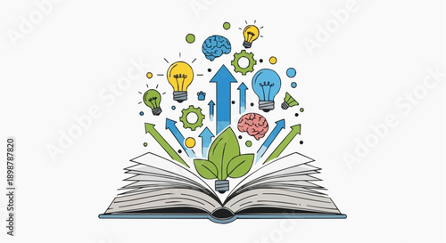 A colorful vector illustration of an open book with creative ideas and inspiration emerging from it