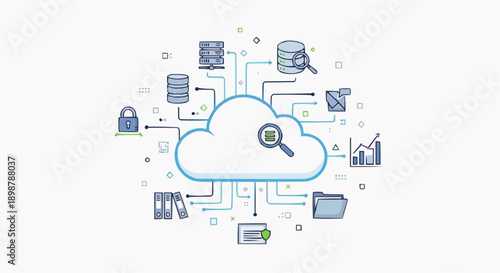 A vector graphic illustration of a cloud with various data storage and security icons