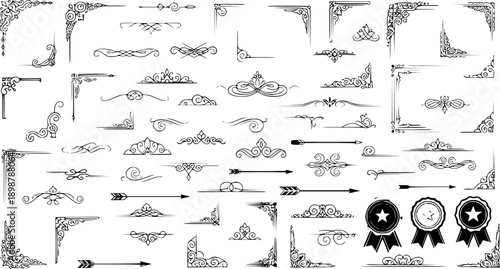 Big set vintage frame corners design elements. frames, calligraphic, swirls divider, thai pattern, ornate, award, arrows. Vintage line decoration frames collection. Vector illustration