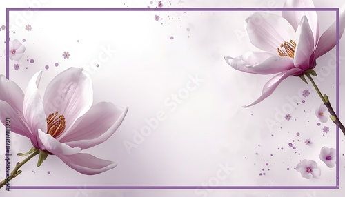 A beautiful floral design featuring pink magnolia flowers on a white background with a purple border