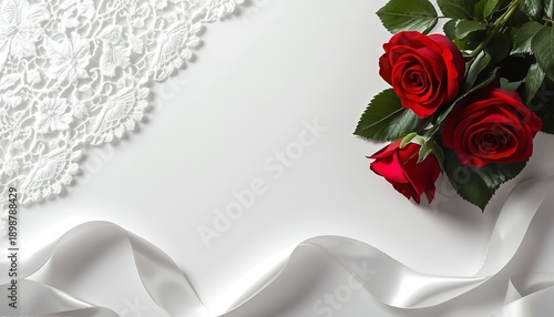 A bouquet of red roses on a white satin background with lace and ribbon