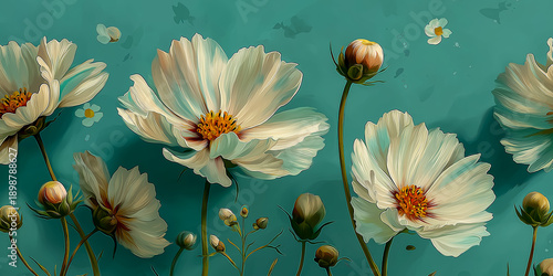 マーガレットのボタニカルパターン（爽やかブルー・壁紙）