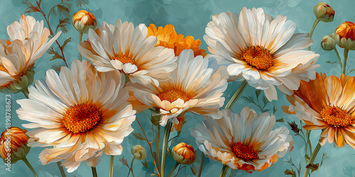 マーガレットのボタニカルパターン（爽やかブルー・壁紙）