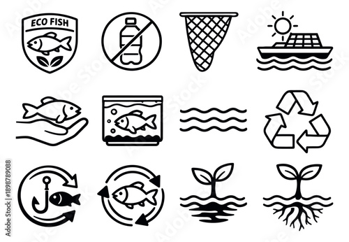 Line art ecology icon set featuring fish, fishing, plastic ban, and recycling symbols for marine conservation
