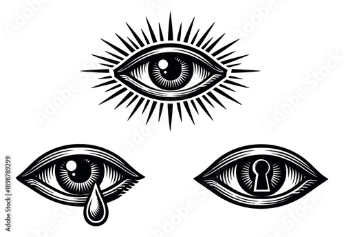 Engraving style eye illustration set featuring symbolic eyes for mystic and spiritual concepts