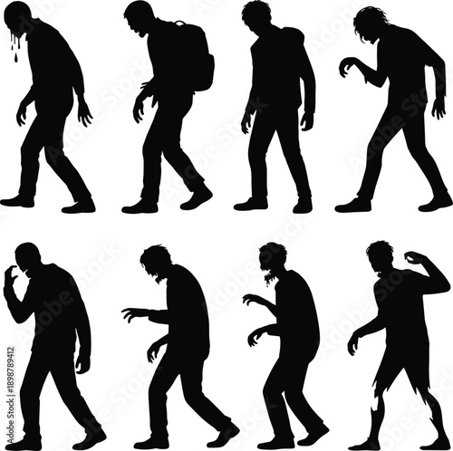 zombie silhouettes cad drawing flat vector illustration, undead walking poses, horror monster characters, halloween apocalypse concept, dark creepy figure set