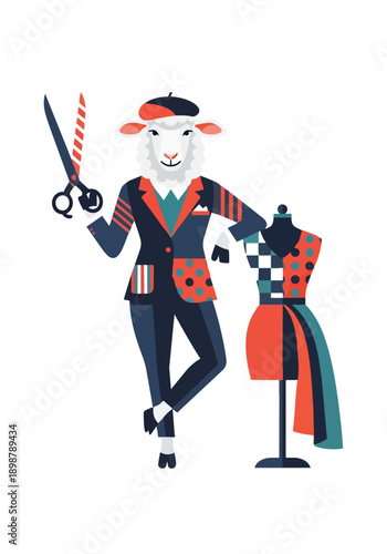 Fashion designer sheep with mannequin isolated white background