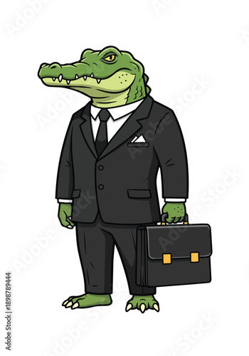 Crocodile businessman in suit with briefcase isolated white background