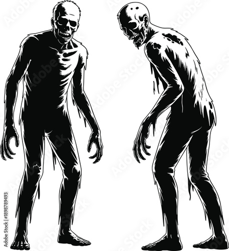 zombie character illustration cad drawing flat vector artwork, undead horror creature, creepy monster design, halloween concept, detailed black silhouette