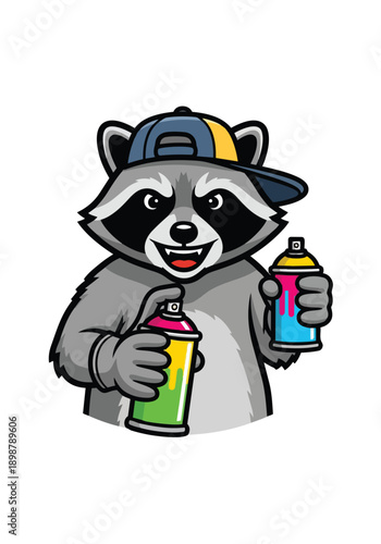 Raccoon graffiti artist with spray cans isolated white background