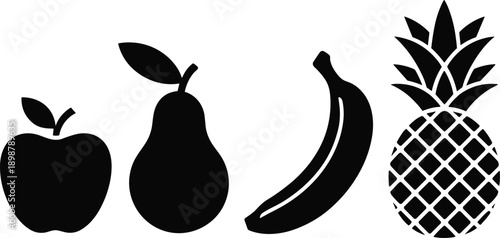 fruit icons silhouette cad drawing flat vector illustration, apple pear banana pineapple symbols, healthy food, nutrition, minimal black icon set