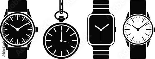 watch clock icons silhouette cad drawing flat vector illustration, wristwatch pocket watch smartwatch time symbols, minimal black design set