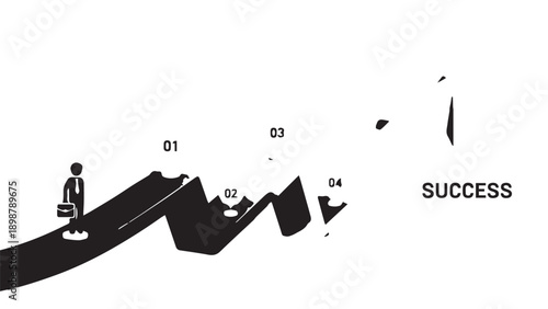 Abstract silhouette demonstrates a lone figure navigating broken steps toward success in an abstract journey illustration.
