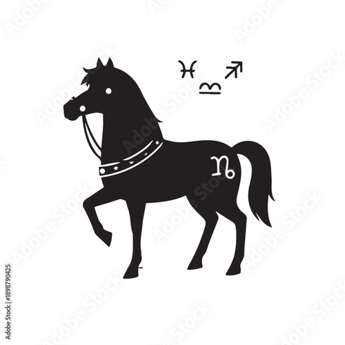 Silhouette of a Black Horse Illustration with Astrological Elements.