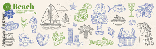 Beach summer sea doodle icons. Hand drawn sketch illustration with vacation elements - food, palm, lemon, italian pasta, wave, ship, wine. Vector line drawing set of summer sea beach. Doodle travel bg