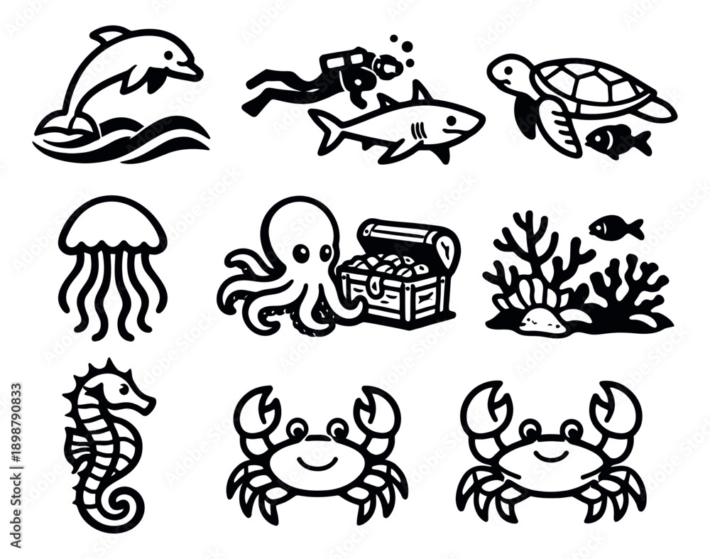Fototapeta premium Hand drawn line art marine life icon set featuring common sea animals and underwater objects for educational and children's designs