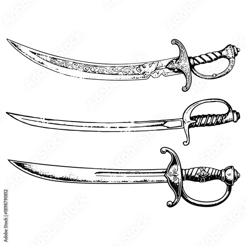 Vintage swords with ornate handles and curved blades on display