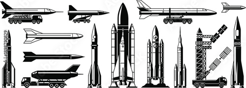 Space rocket and military missile vector illustration set, aerospace technology icons with shuttle launch vehicle and ballistic weapon silhouettes for defense industry
