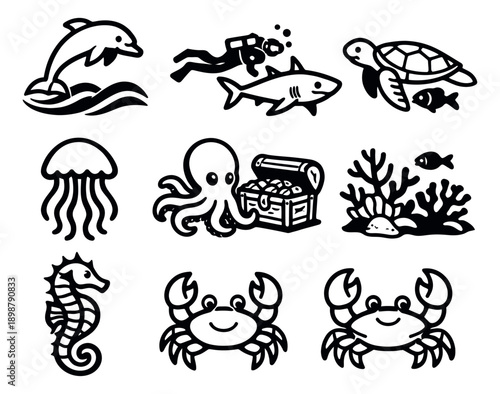 Hand drawn line art marine life icon set featuring common sea animals and underwater objects for educational and children's designs