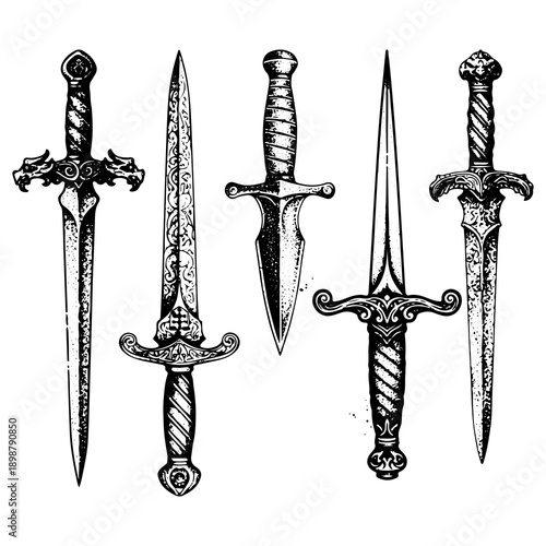 Detailed illustrations of ornate daggers and swords with intricate designs