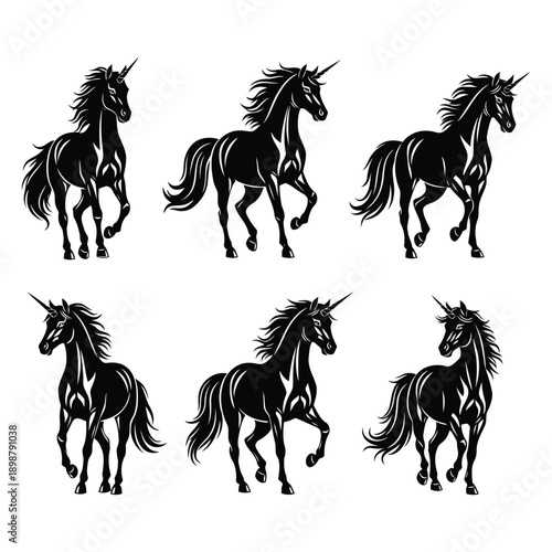 Majestic unicorns prancing freely in a serene meadow, captured in mid-gallop, silhouetted against a clean white background, viewed from a slight angle.