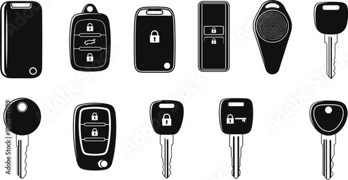 Car key and key fob silhouettes vector set featuring remote smart keys and locks for automotive security and vehicle access design